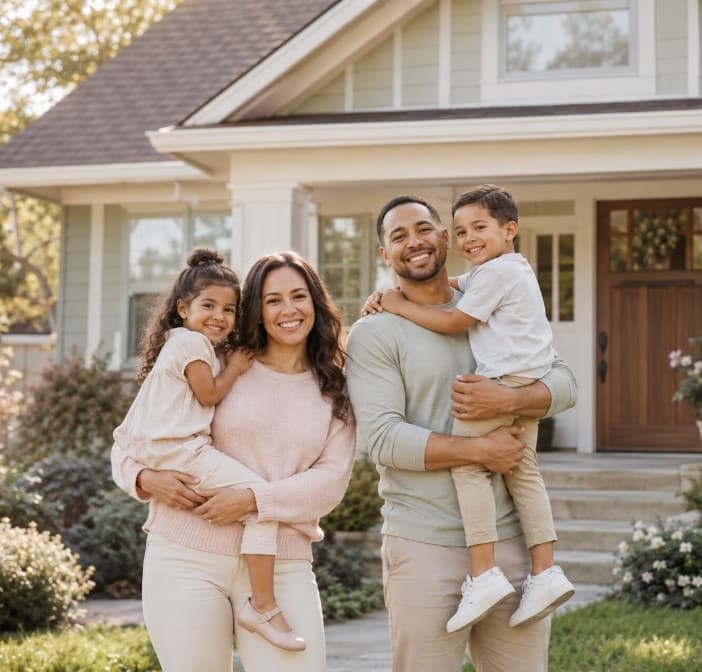 A family standing in front of their new home